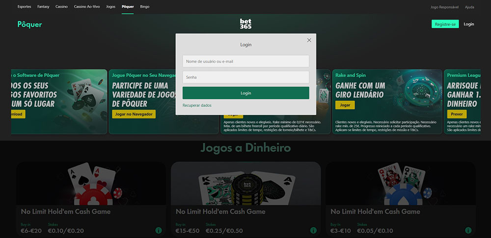 Página de login da plataforma de pôquer da Bet365