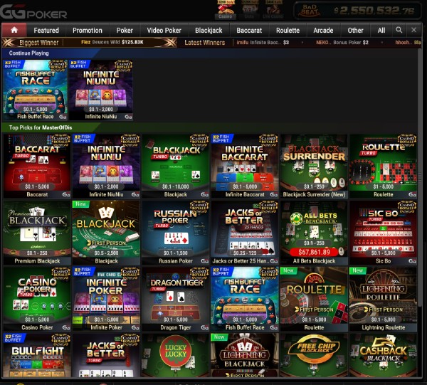 GGPoker lobby de jogos de cassino